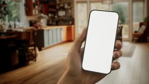 CU Caucasian man using his phone at home Foto stock