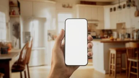 CU Caucasian man using his phone at home Foto stock