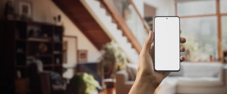 CU Caucasian man using his phone at home Foto stock