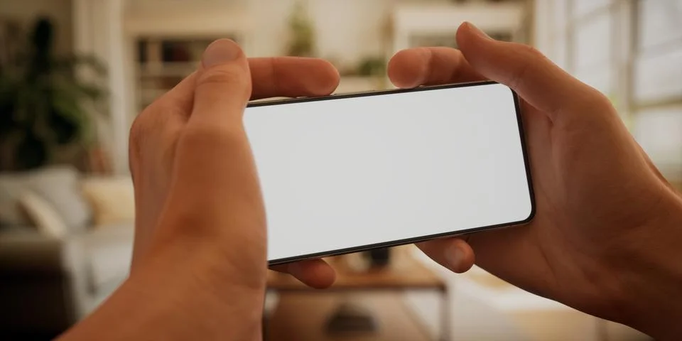 CU Caucasian man using his phone at home, watching videos Foto stock