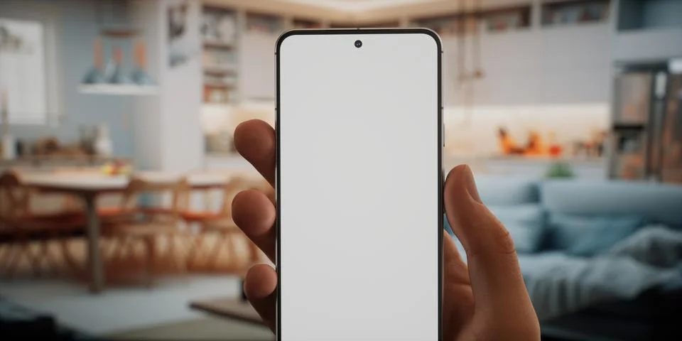 CU Caucasian man using his phone at home, daytime shot 스톡 사진