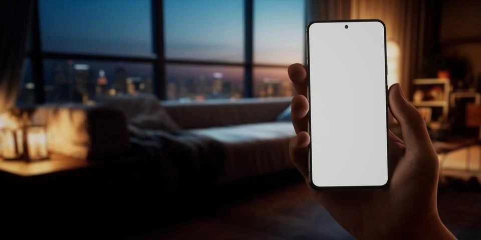CU Caucasian man using his phone at home, daytime shot Foto stock