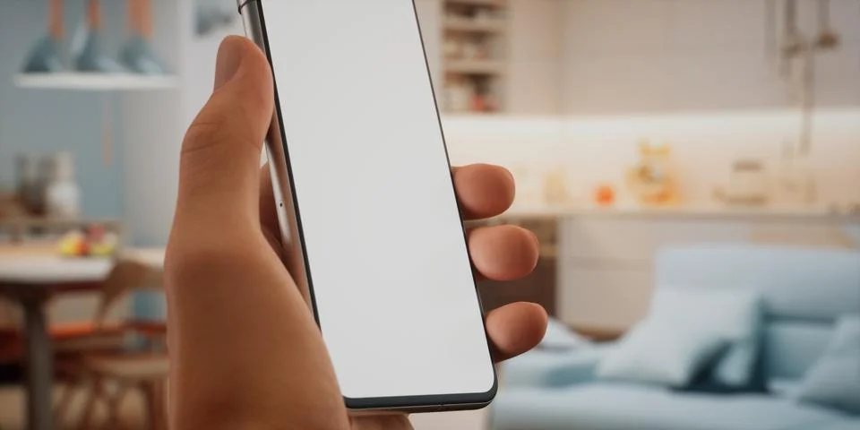 CU Caucasian man using his phone at home, daytime shot Foto stock