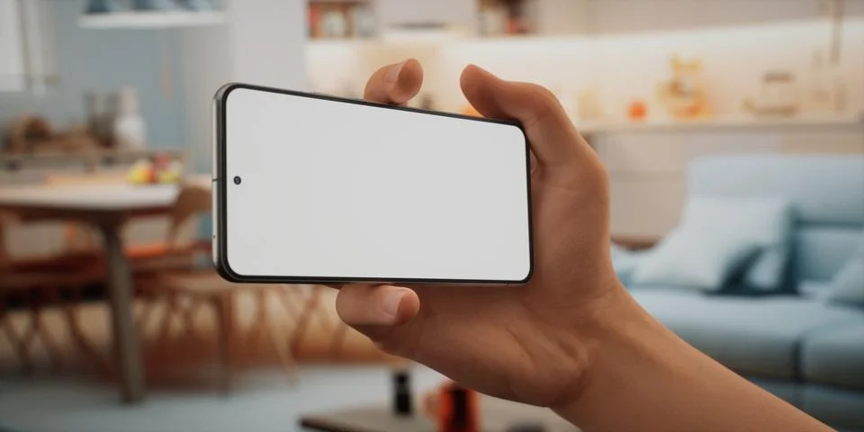 CU Caucasian man using his phone at home, daytime shot Stock Photos