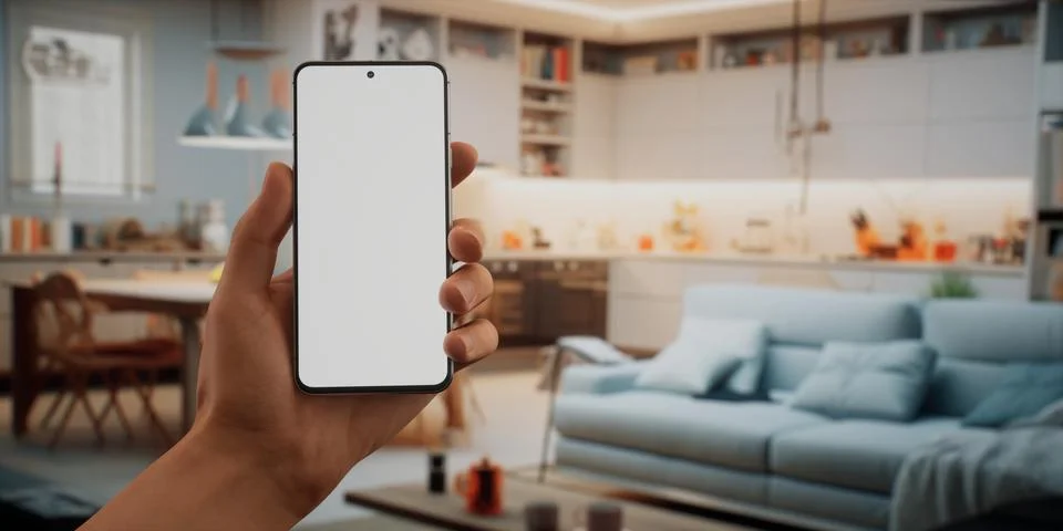 CU Caucasian man using his phone at home, daytime shot Stock Photos