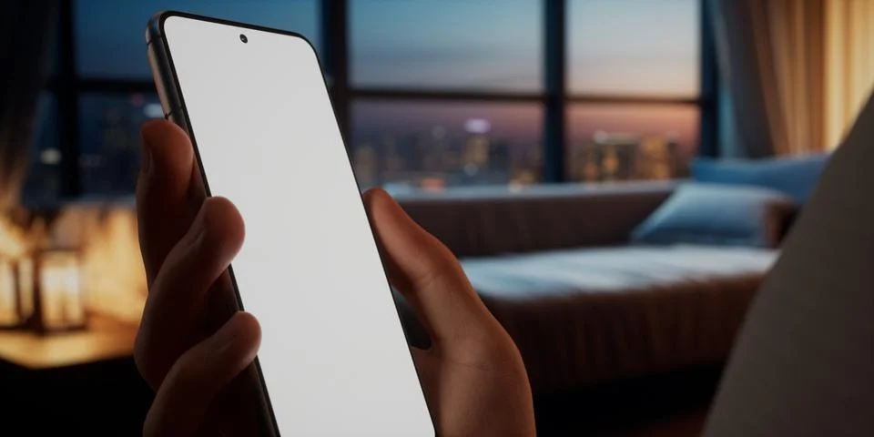 CU Caucasian man using his phone at home, daytime shot Foto stock