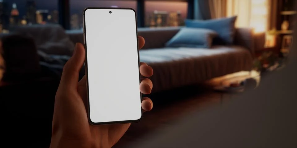 CU Caucasian man using his phone at home, daytime shot Foto stock