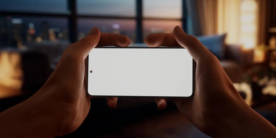CU Caucasian man using his phone at home, daytime shot Foto stock