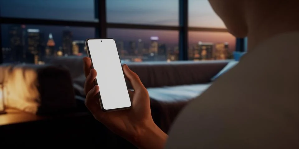 CU Caucasian man using his phone at home, daytime shot Foto stock