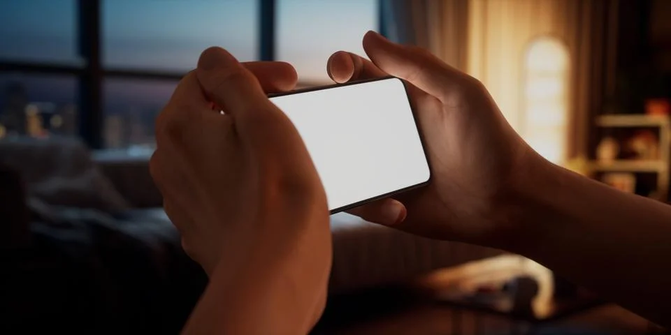 CU Caucasian man using his phone at home, daytime shot Foto stock