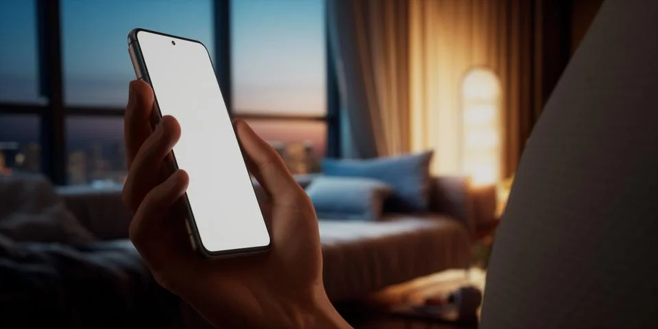 CU Caucasian man using his phone at home, daytime shot Stock Photos