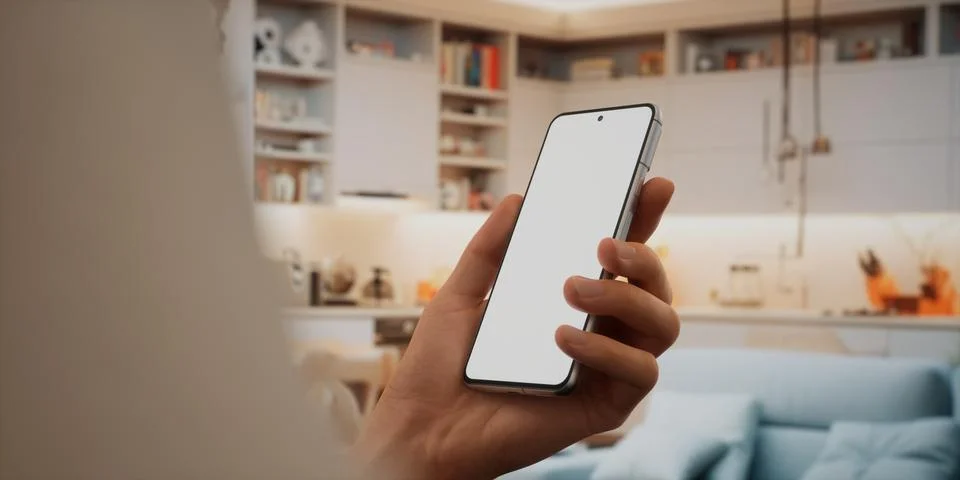 CU Caucasian man using his phone at home, daytime shot Foto stock