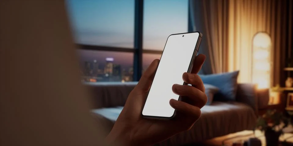 CU Caucasian man using his phone at home, daytime shot Foto stock