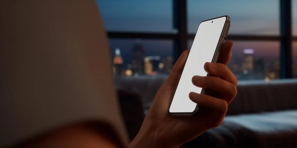 CU Caucasian man using his phone at home, daytime shot Foto stock