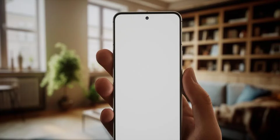 CU Caucasian man using his phone at home, daytime shot Stock Photos