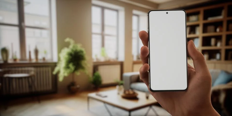 CU Caucasian man using his phone at home, daytime shot Foto stock