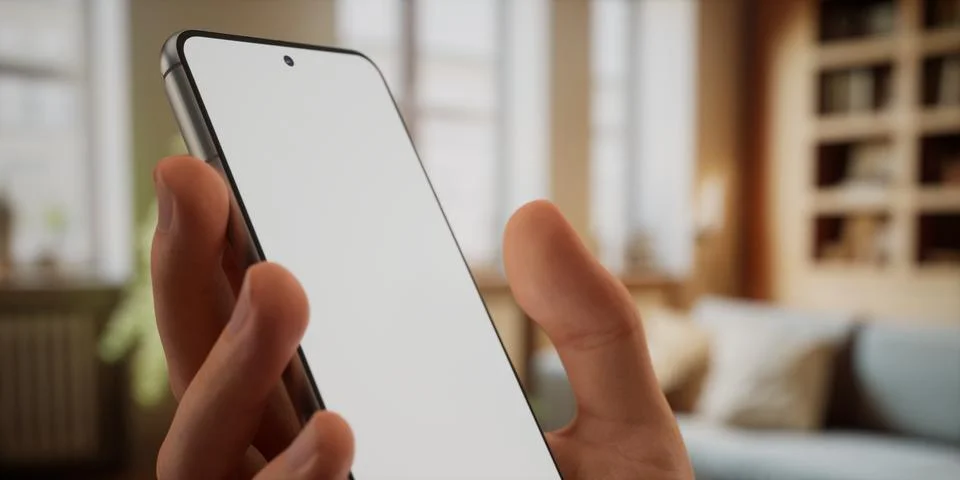 CU Caucasian man using his phone at home, daytime shot Stock Photos