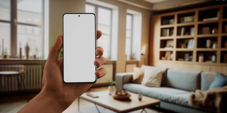 CU Caucasian man using his phone at home, daytime shot Foto stock