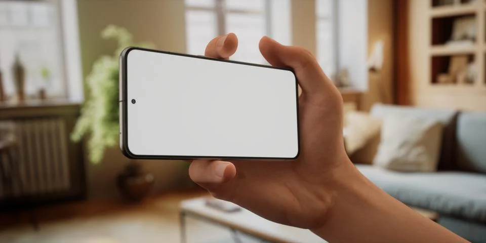 CU Caucasian man using his phone at home, daytime shot Stock Photos