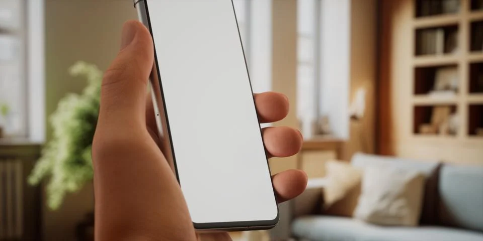 CU Caucasian man using his phone at home, daytime shot 스톡 사진