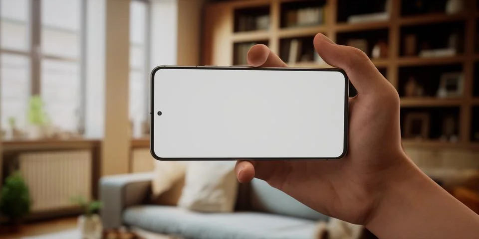 CU Caucasian man using his phone at home, daytime shot Stock Photos