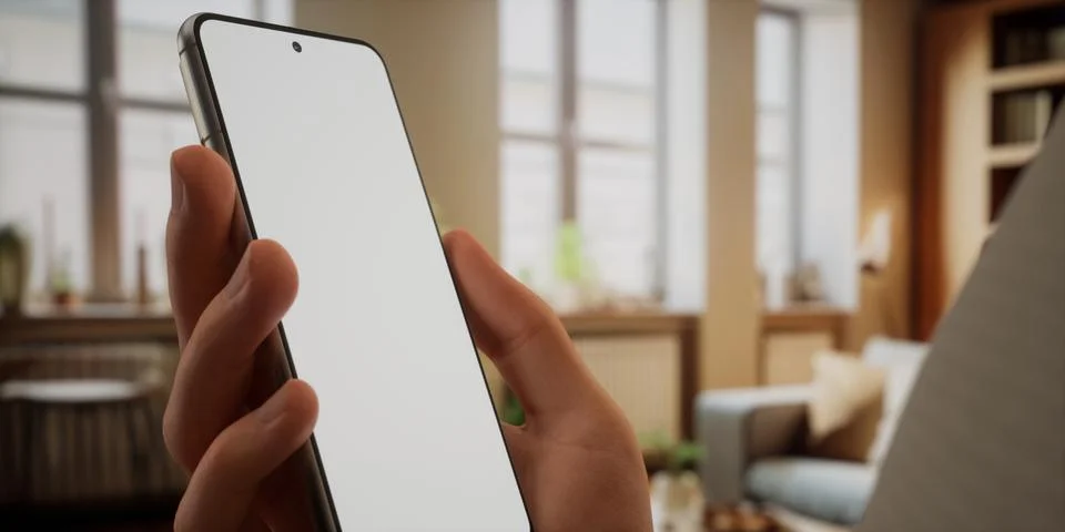 CU Caucasian man using his phone at home, daytime shot Stock Photos