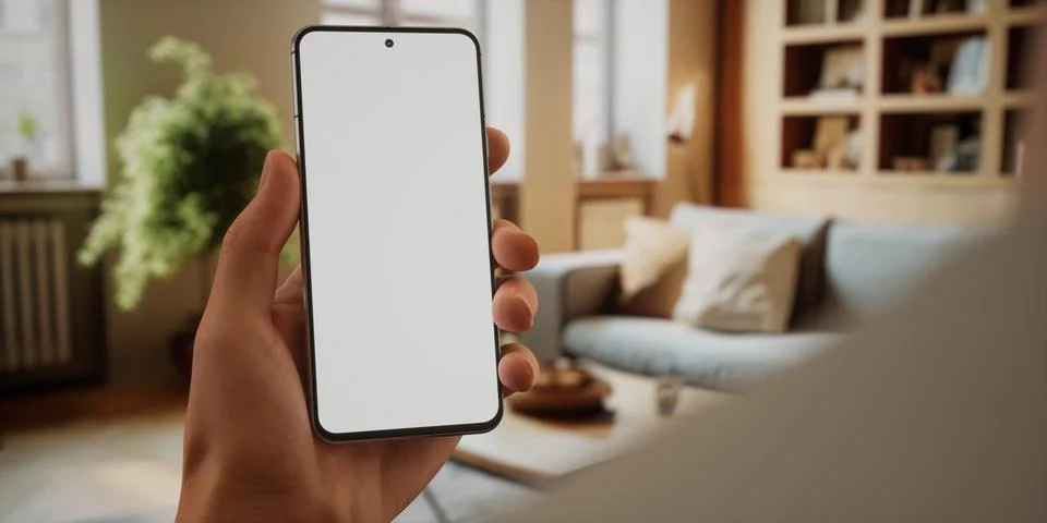 CU Caucasian man using his phone at home, daytime shot Stock Photos
