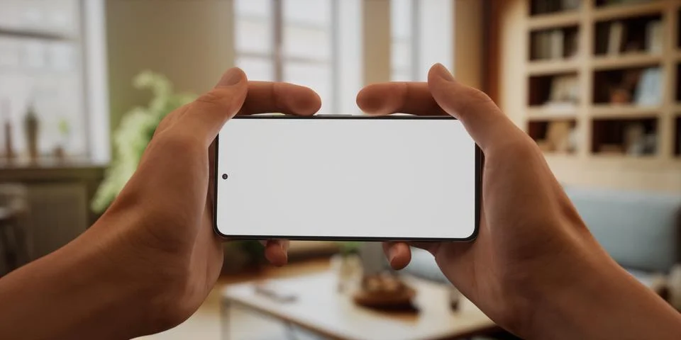 CU Caucasian man using his phone at home, daytime shot Stock Photos