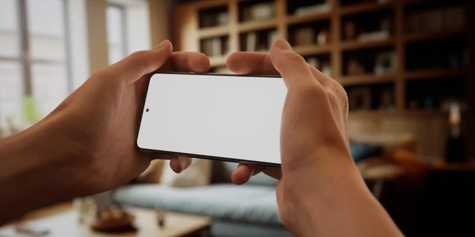 CU Caucasian man using his phone at home, daytime shot Foto stock