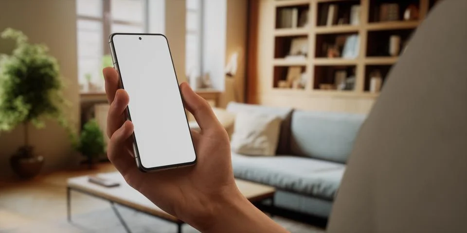 CU Caucasian man using his phone at home, daytime shot 스톡 사진
