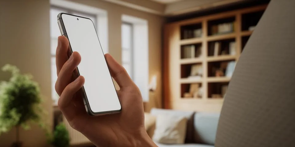 CU Caucasian man using his phone at home, daytime shot Foto stock