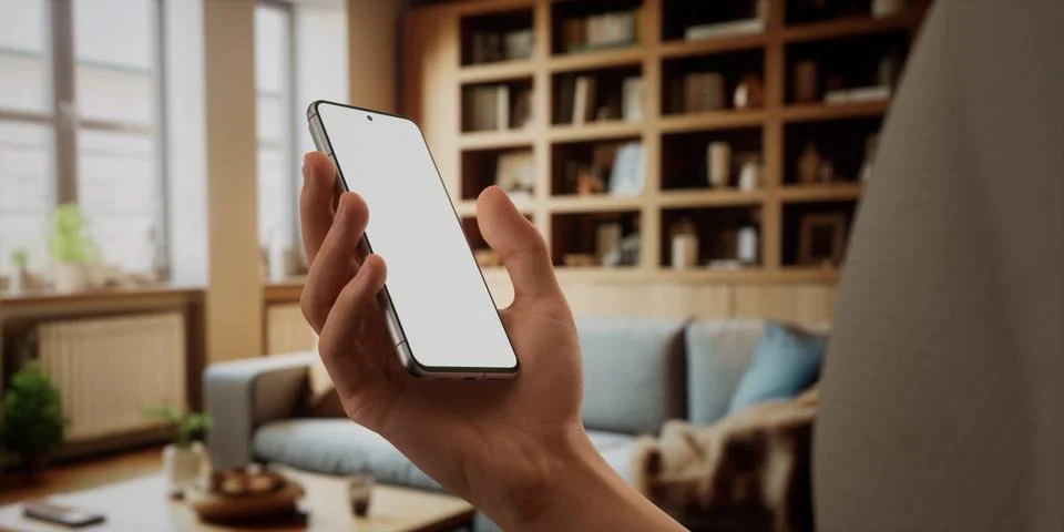 CU Caucasian man using his phone at home, daytime shot Foto stock