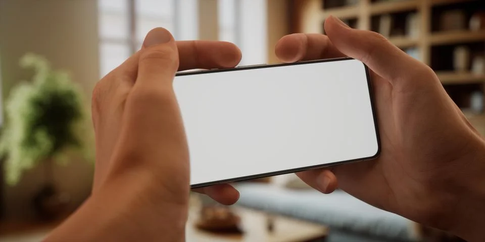 CU Caucasian man using his phone at home, daytime shot Foto stock