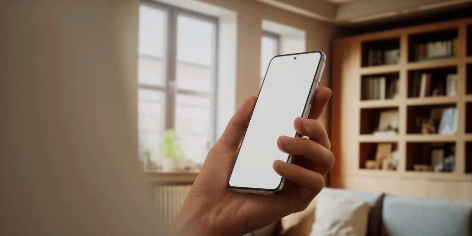 CU Caucasian man using his phone at home, daytime shot 스톡 사진