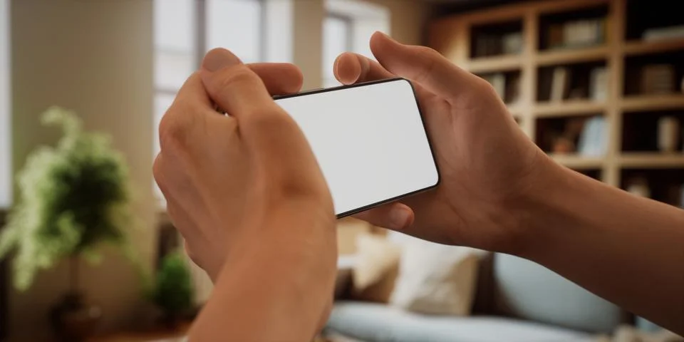 CU Caucasian man using his phone at home, daytime shot Stock Photos