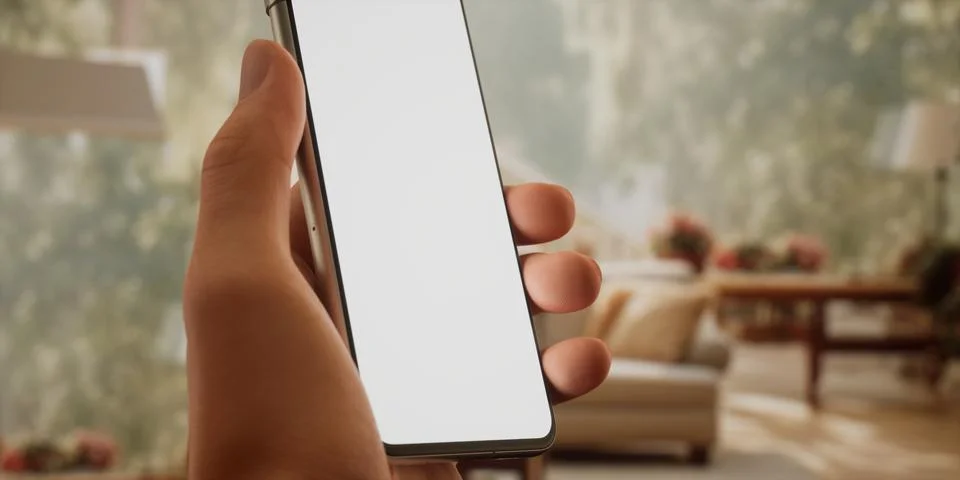 CU Caucasian man using his phone at home, daytime shot Stock Photos