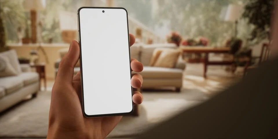 CU Caucasian man using his phone at home, daytime shot Foto stock