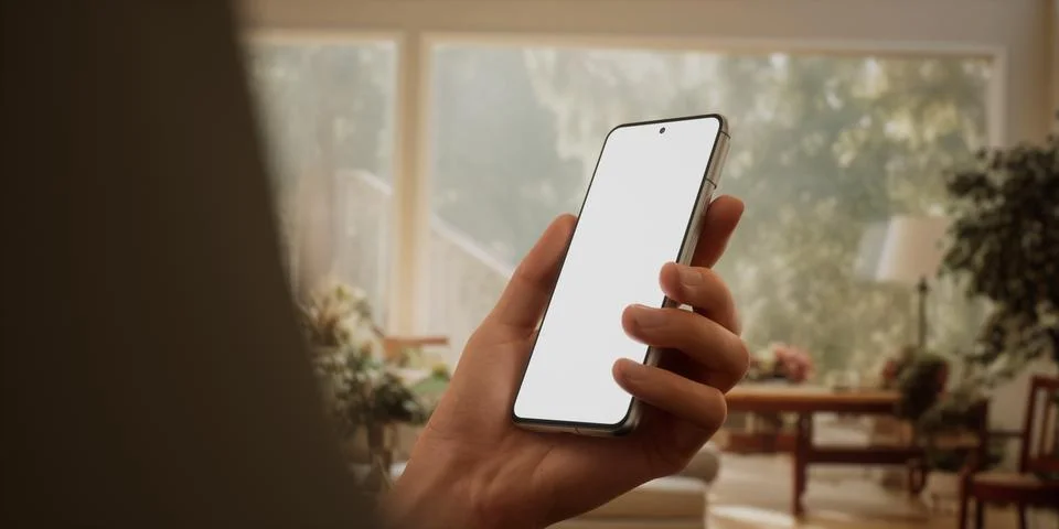 CU Caucasian man using his phone at home, daytime shot 스톡 사진