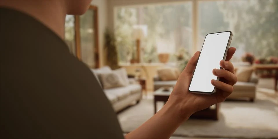 CU Caucasian man using his phone at home, daytime shot Foto stock