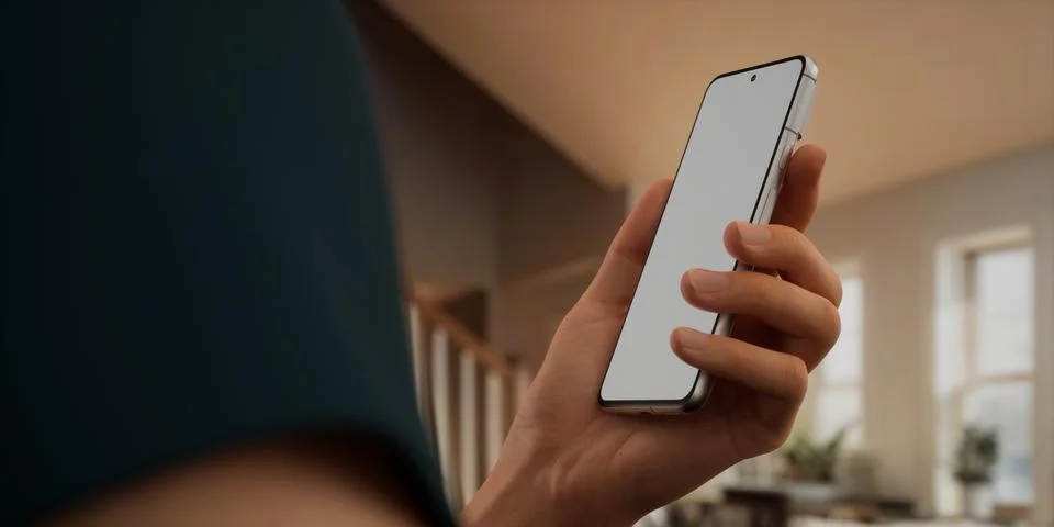 CU Caucasian man using his phone at home, daytime shot Foto stock