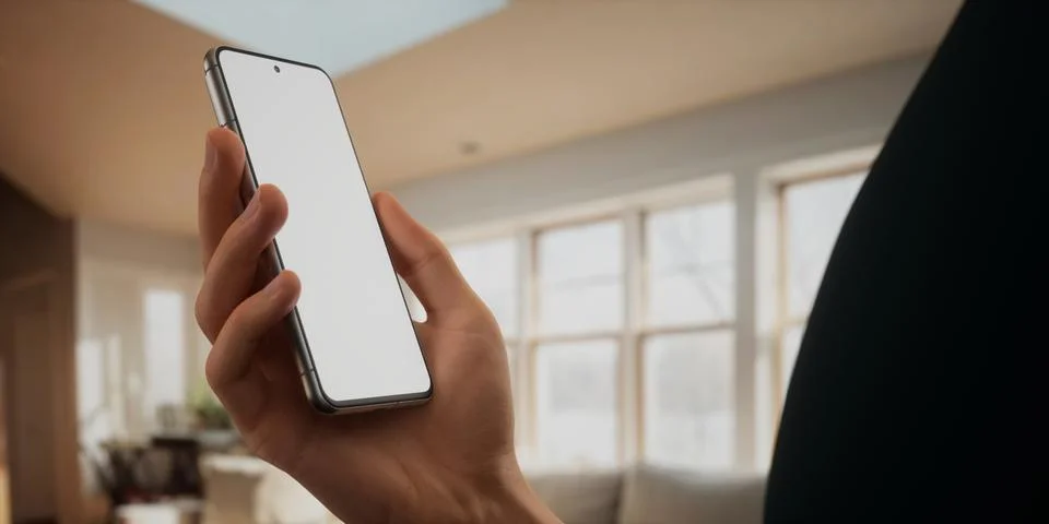 CU Caucasian man using his phone at home, daytime shot Foto stock