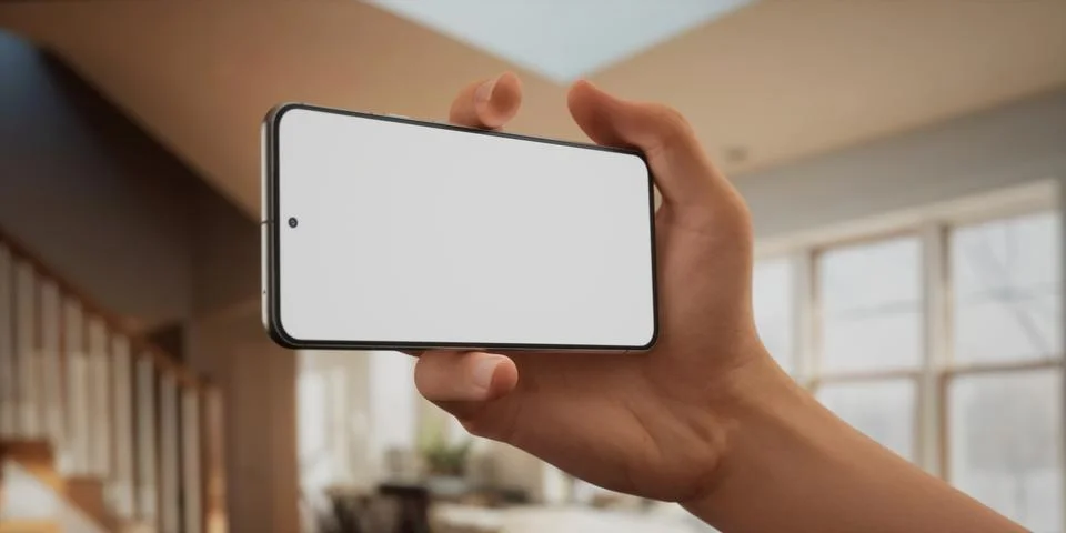 CU Caucasian man using his phone at home, daytime shot Foto stock