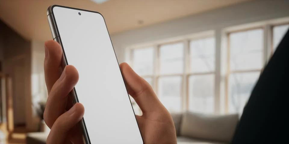 CU Caucasian man using his phone at home, daytime shot 스톡 사진