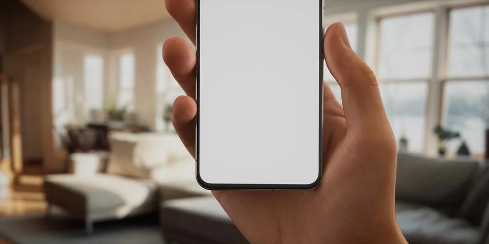 CU Caucasian man using his phone at home, daytime shot Foto stock