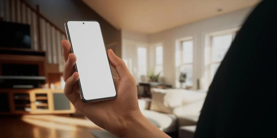CU Caucasian man using his phone at home, daytime shot Stock Photos