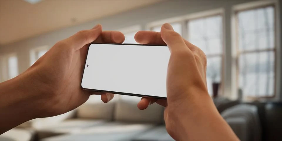 CU Caucasian man using his phone at home, daytime shot Foto stock
