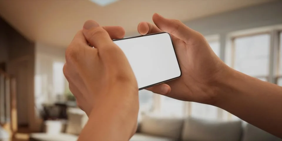 CU Caucasian man using his phone at home, daytime shot Foto stock