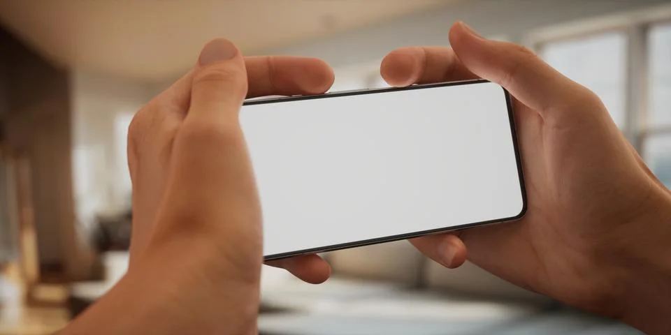CU Caucasian man using his phone at home, daytime shot Stock Photos