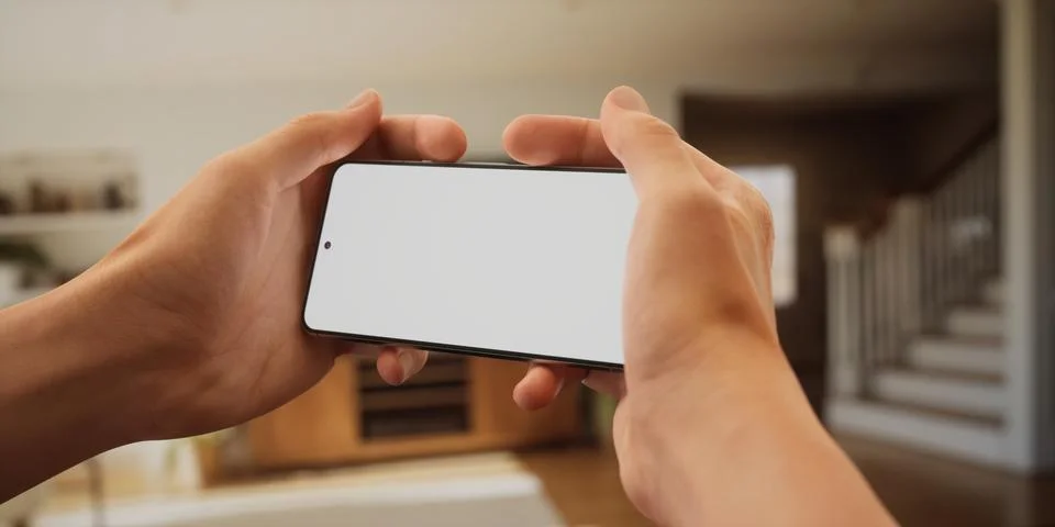 CU Caucasian man using his phone at home, daytime shot Stock Photos