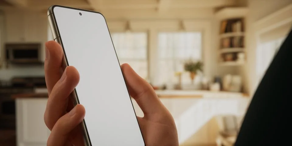 CU Caucasian man using his phone at home, daytime shot Foto stock